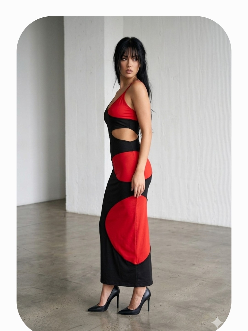 Chicmi Maxi Bodycon Dress Size 14 Large Black Red Color Block Asymmetric Cutout